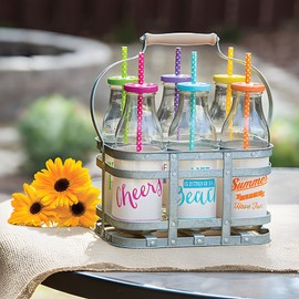 Down Home Country Drinkware Glass Milk Bottle Drinkware with Galvanized Caddy 6 PIece 20 Oz Set ~ Brand New!