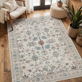 Rugxara Floral Rug for Living Room Bedroom, 3x5 Washable Area Rug, Vintage Boho Throw Rugs, Non Slip Low Pile Carpet for Indoor Dining Room, Girls Room, Nursery Room and Kids Room(Grey 3x5ft)