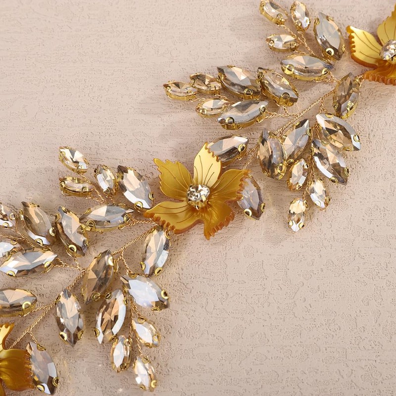 Teyglen Flower Crystal Wedding Headband Champagne Rhinestone Hair Vine for