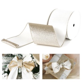 LIZLOVESS White Velvet Wired Ribbon with Glitter Back 4 Inch White and Gold Christmas Ribbon Wired Ribbon for Christmas Tree, Gift Wrapping, Mantel, Wreaths Supplies, Topper Bows (10 Yards)