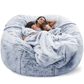 Giant Fur Bean Bag Chair Cover for Kids Adults, (No Filler) Living Room Furniture Big Round Soft Fluffy Faux Fur Beanbag Lazy Sofa Bed Cover(Snow Grey, 6FT)