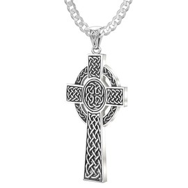 US Jewels Men's XL 925 Sterling Silver 43mm Celtic Knot Cross Religious Pendant Antique Finish 3.7mm Curb Chain Necklace, 24in