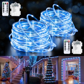 Jnaurb 2-Pack Battery Operated Rope Lights for Outside, Total 66FT 200LED 8 Modes Battery Operated String Lights, Waterproof Christmas Fairy Light with Remote for Outdoor Indoor Xmas Decor -White Blue