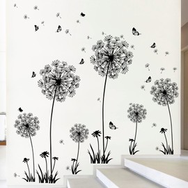 decalmile Dandelion Wall Decals Flying Flowers Butterflies Wall Art Stickers Bedroom Living Room TV Background Home Decor (2 Pack)