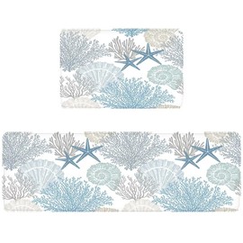 Coastal Kitchen Rug Sets of 2 Pieces,Anti Fatigue Cushioned Kitchen Rugs and Mats Ocean Nautical Starfish Seashell Beach Bathroom Runner Rug Comfort Standing Floor Mats Non-Slip Washable Chef Sink Mat