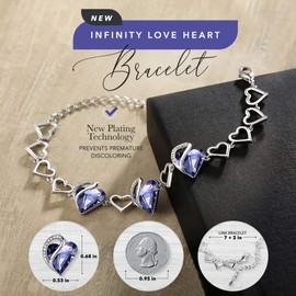 Leafael Infinity Love Heart Link Bracelets, February Birthstone Crystal Bracelet for Women, Silver Tone Jewelry Gifts for Her, Tanzanite Purple, 7-inch Chain and 2-inch Extender