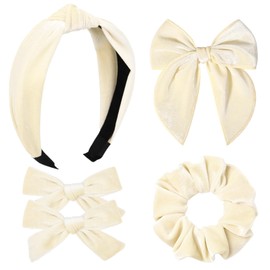 DEEKA Velvet Hair Bows & Knotted Headband & Scrunchy Fable Hair Bow Headband Set Velvet Scrunchies Alligator Clips for Toddler Girls Hair Accessories for Women and Girls (Beige)