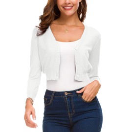 Women's Lightweight Knit Cropped Cardigan 3/4 Sleeve V-Neck Open Front Bolero Shrug for Dresses and Casual Wear (S, 2-White)