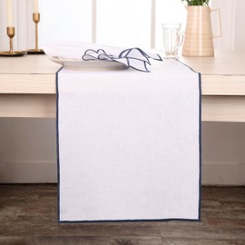 D'Moksha Homes Linen Table Runner 14 x 120 Inch - 100% Pure Linen - White Table Runner with Navy Blue Marrow Edge Border - Easy Care Machine Washable Farmhouse Table Runner for 4th of July