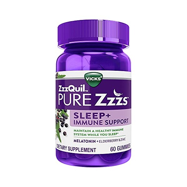 ZzzQuil Pure Zzzs Sleep + Immune Support Melatonin Sleep Aid Gummies with Elderberry, Zinc, Chamomile, Lavender, & Valerian Root, 1mg per Gummy, 60 ct
