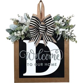 2024 New Last Name Year Round Front Door Wreath Front Porch Decoration 26 Letter Welcome Sign with Eucalyptus Garland and Bow Spring Wreaths for Front Door Outside Hanger Garland (D)