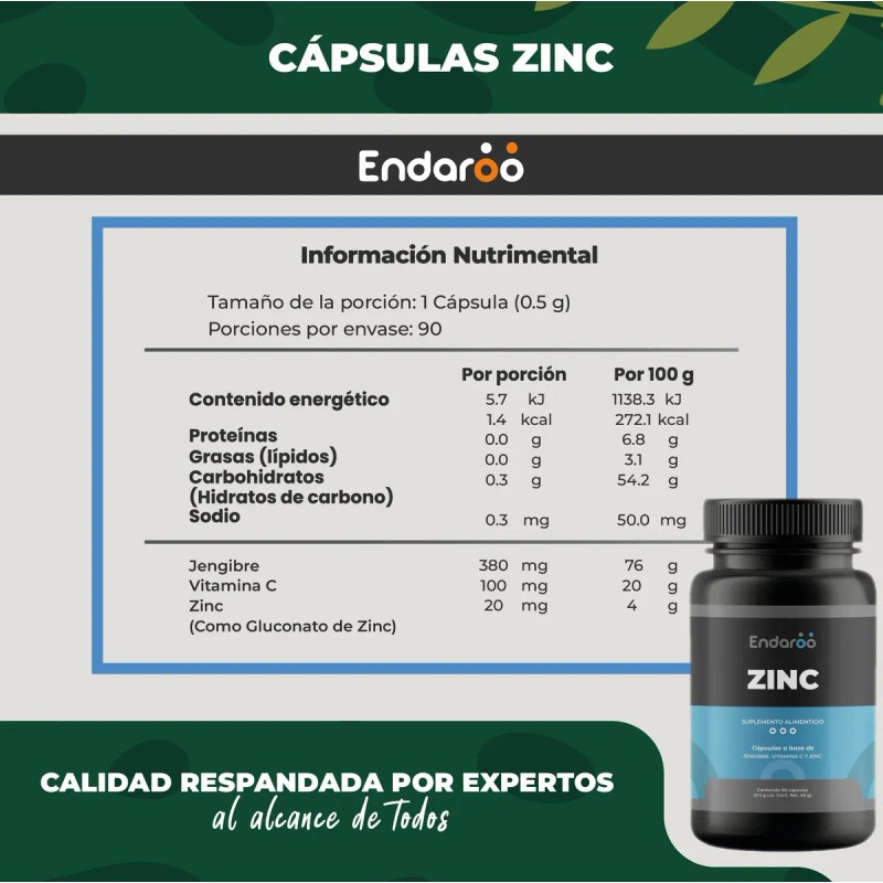 Zinc Con Vitamina C Y Jengibre 500mg - 90 Cápsulas