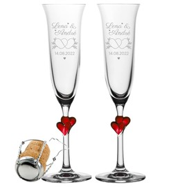 Set of 2 Champagne Flutes with Red Hearts - Wedding - Engraved Name and Date - 2 Intertwined Hearts - Great Champagne Flutes for Anniversary or Engagement