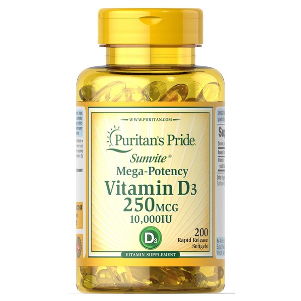 Puritan's Pride Vitamin D3 250 mcg (10,000 IU)-200 Softgels, White