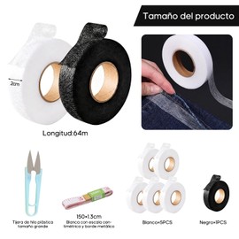 QICHEN 6 Rollos Cinta para Dobladillo Autoadhesiva,Hemming Tape Entretela Termoadhesiva 2cm x70yarda,Incluir 6 Rollos de Adhesiva Tela Banda Dobladillo+Cinta Métrica y Tijeras,