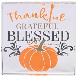 Dicksons Decorative Fall Tabletop Plaque Sign 3 x 3 Inch Glass Pumpkin Thankful