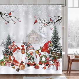 Bonhause Shower Curtain Christmas GNOME Xmas Pine Cardinal Farmhouse Winter Shower Curtains 180 x 180 cm Anti-Mould Waterproof Polyester Fabric Washable Bathroom Curtain for Bathroom with 12 Hooks