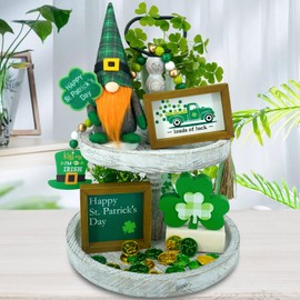 KnomeKo St Patricks Day Decorations Farmhouse St Patricks Tiered Tray Decor Green Plaid Gnomes Plush Shamrock Wooden Sign Bead Garland Happy Saint Patricks Decoration for Home