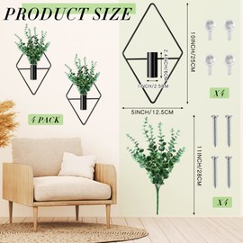 4 Pcs Plant Wall Decor Diamond Shape Hanging Planters with Artificial Plants Geometric Wall Decor Metal Hanging Vase Indoor Plants Holder for Living Room Bathroom Home (Eucalyptus)