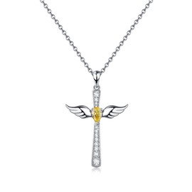 JiaYang Sterling Silver Cross Angel Necklace for Women 12 Birthstone Colour Guardian Angel Pendant Cross Necklace Jesus Christian Jewellery, Sterling Silver