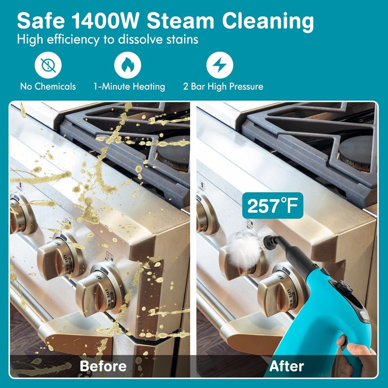 CHEFJOY Handheld Steam Cleaner, 1400W Pressurized Steamer with 17 Pieces