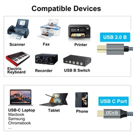 DCHAV USB B to USB C Printer Cable 2.0 Type B to Type C Cord Replacement for Computer Laptop DJ Controller MIDI Keyboard Piano Scanner Nylon Braided Wire, Gold-Plated Connectors, 6 Foot, Grey