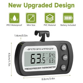 8 Pack Refrigerator Thermometer, Digital Freezer Small Black Fridge Thermometer, Waterproof Thermometers with Hook for Kitchen Home, LCD Display, ℃/℉ Switch, Max/Min Record