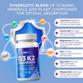 Optiwav Vitamin D3 K2 Magnesium Supplement - Bone Immune Energy & Muscle Health Support with High Absorption 5000 IU D3 K2 B6 Magnesium Glycinate Zinc & Quercetin - Vegan Non-GMO Gluten-Free