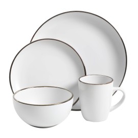 Gibson Home Rockaway Round Stoneware Dinnerware Set, Service for 4 (16pcs), Matte White/Metallic Rim