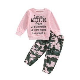 RWYBEYW Toddler Girls Clothes 1-6 Years Spring Fall Outfits Baby Letter Print Long Sleeve Pullover Sweatshirt Camouflage Pants Set (A# Pink, 2-3 Years)