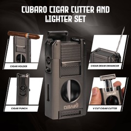 CUBARO Cigar Lighter with V Cutter, Punch, Draw Tool – Dual Torch Flame, Flip Lid Cigar Rest – Refillable Windproof Butane Lighter Gift Set for Men – Grey Finish (NO Butane)