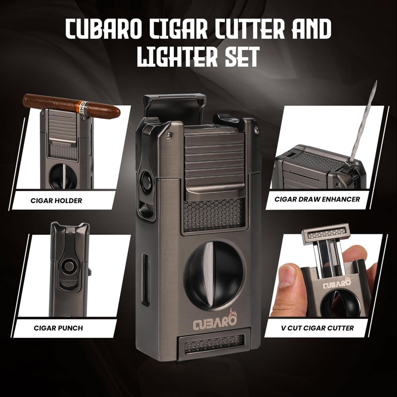CUBARO Cigar Lighter with V Cutter, Punch, Draw Tool –