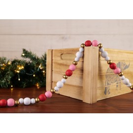One Holiday Way 9-Foot Rustic Red, Pink, White and Gold Wood Bead Garland Christmas Tree Decoration - Decorative Vintage Wooden Beads for Everyday Chic Winter Valentines Farmhouse Xmas Home Decor