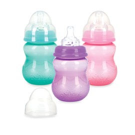 Nuby Paquete de 3 botellas sin goteo de cuello ancho de 8 onzas, pezones de silicona suave, sin BPA, 0+M, aguamarina, rosa, morado