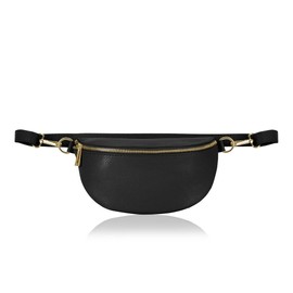 Montte di Jinne 100% Made in Italy – Soft Pebble Leather Belt Bag/Crossbody Bum Bag for Women, Adjustable & Detachable Strap, Gold Hardware, Lightweight Everyday Travel Waist Pack (Black)