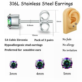 ZQGOFPT 3 Pairs Stud Earrings Set,Hypoallergenic Cubic Zirconia 316L Earrings Stainless Steel CZ Earrings 3-5mm for Women Men,Rainbow&Clear (3 Pairs Rainbow)