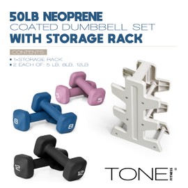 Tone Fitness 50 LB Neoprene Dumbbell Set with Storage Rack – Non-Slip, Anti-Roll Hand Weights for Home Gym Workouts - Mixed Colors | Purple, Blue and Black