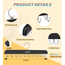 Gomyrod Bra Hanger for Closet, 1 Pack Tank Top Hanger w/20 Hooks Capacity Foldable Wood Space Saving Hangers, 360°Rotating Closet Organizers and Storage for Dorm & Apartment for Bra Scarf Ties(Black)