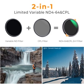 K&F Concept 55mm Variable ND4-64 CPL Filter, ND Polarizing CPL Circular Polarizing Fader Neutral Density Filter 2 in 1 for Camera Lens No X Spot Multi-Coating