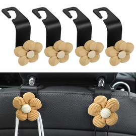 Hbxdeco 4PCS Car Seat Headrest Hook, Cute Flower Car Seat Back Hanging Hook, Auto Seat Purse Hanger Organizer for Handbag Clothes Coat Grocery Bag, Universal Interior Car Accessories (Brown)