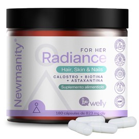 NEWMANITY Radiance Suplemento para Uñas, Cabello y Piel - 2 meses - con Colágeno, Biotina, Ácido Hialurónico, Colostro, Omega 3, Vitamina E y Astaxantina - Nutrición para Belleza y Salud