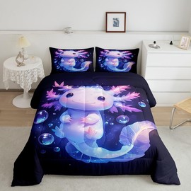 Feelyou Kids Cartoon Axolotl Comforter Twin Size Cute Salamander Comforter Set for Kids Boys Girls Bedroom Decor Ocean Animal Axolotl Bedding Set Soft Microfiber Quilt Set for All Season