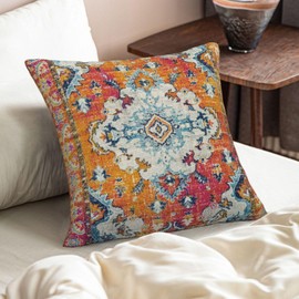 AELUTYSH Vintage Boho Pillow Covers 18X18 Inch Set of 2 Antique Ethnic Orange Teal Carpet Pattern Throw Pillow Covers Bohemian Decorative Pillow Case Linen Cushion Cover for Home Couch Sofa Outdoor