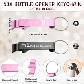 Dandat 50 Sets Sweet 16 Party Favors for Guests Include Cheers to 16 Years Old Bottle Opener Keychain and Organza Bags Sweet 16 Cards with Rope 16 Party Favors(Champagne Pink and Black)