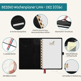 BEZEND Pocket Calendar 2026 Small [in German] Approx. A6 17 x 11 cm, Calendar 2026 Small Ring Binder with Soft Cover & Removable Paper, Diary 1 Week 2 Pages with Card Slot, Prussian Blue