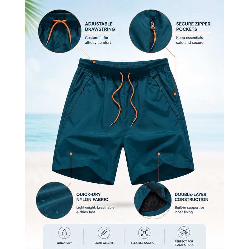 Men’s Double-Layer Swim Trunks for Beach & Pool – Quick-Dry