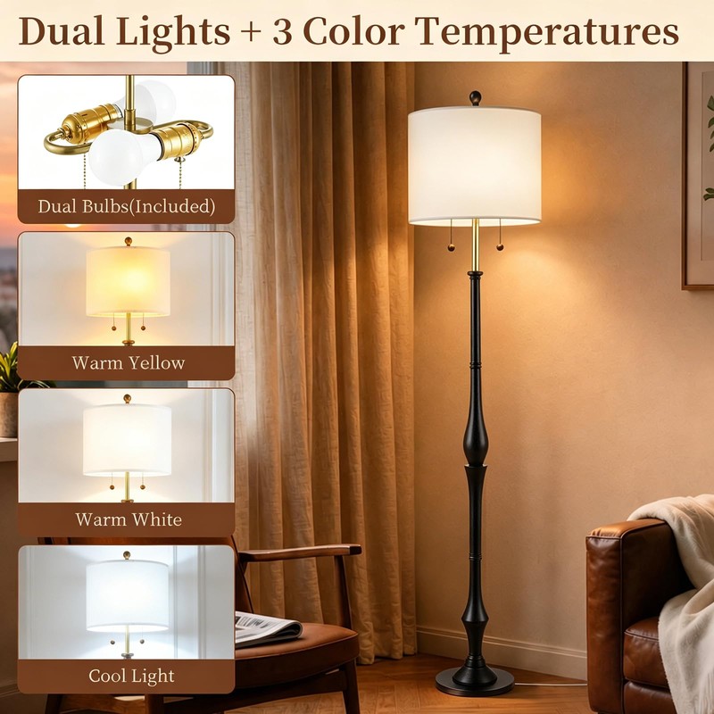 Fismool Farmhouse Floor Lamp, Solid Wood Standing Lamp, Linen Shade,