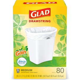Glad Trash & Food Storage Medium Kitchen Drawstring Trash Bags 8 Gallon White Trash Bag, Gain Original Scent (Package May Vary), Fresh, 80.0 Count