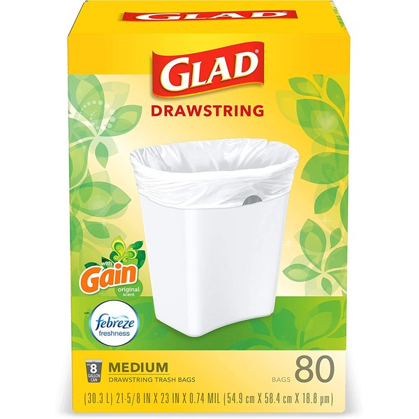 Glad Trash & Food Storage Medium Kitchen Drawstring Trash Bags 8 Gallon White Trash Bag, Gain Original Scent (Package May Vary), Fresh, 80.0 Count