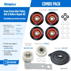 W10837240 4392067 Dryer Repair Kit Belt Idler Pulley 3387610 279640 661570V 80047 Drum Roller Bearing for Whirlpool Cabrio Duet Maytag Bravos XL Kenmore Elite Model 110 Series Dryer Replacement Parts